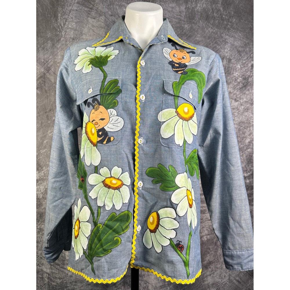 Vtg 70s Big Mac Hand Painted Signed Shirt Nell Zachary Daisy Bee Chambray